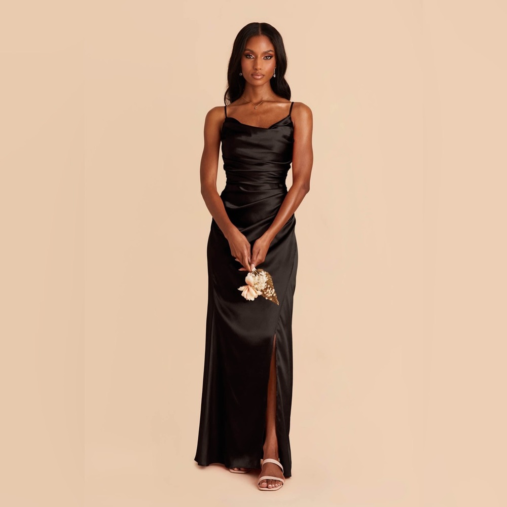Birdy Grey Black Satin Maxi Dress with Thigh Slit